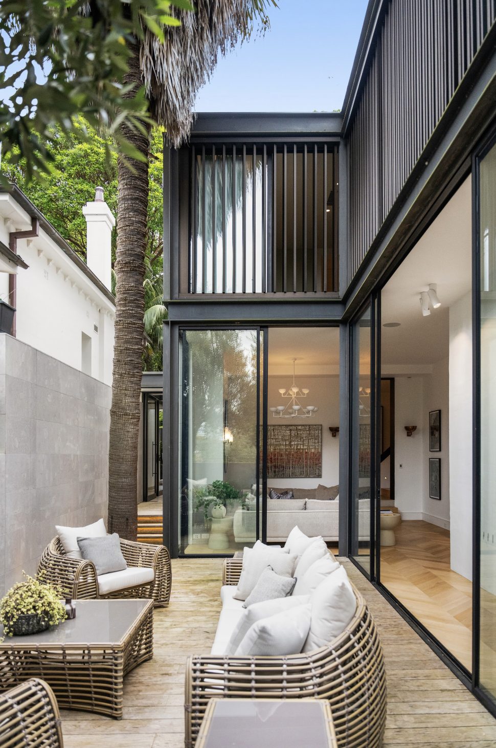 Black-framed courtyard extension exterior with palm tree